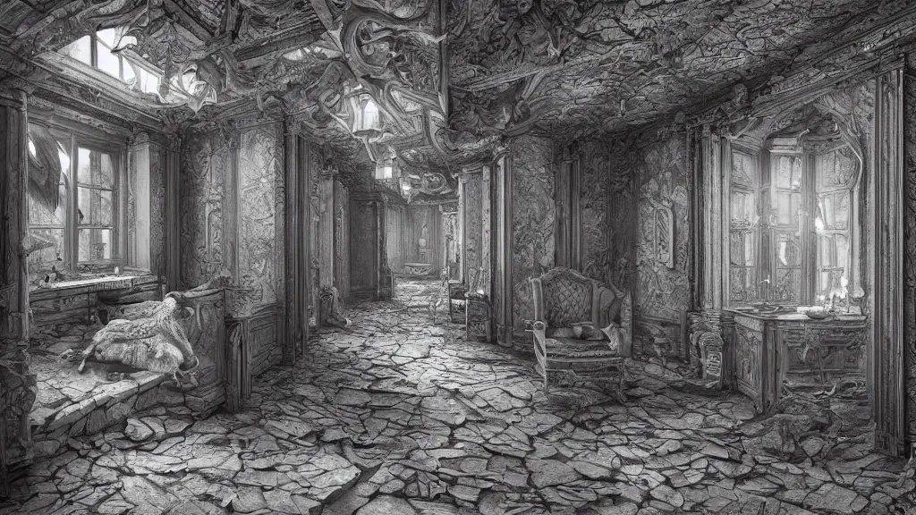 Image similar to a beautiful hyper realistic detailed matte painting of the owl manor, a place where you will be lost in strange room full of optical illusion, dramatic lighting, dynamic lighting, cinematic lighting, dynamic lighting, cinematic lighting, lit by morning light, by maurits cornelis escher, black and white, featured on artstation, ultrawide angle