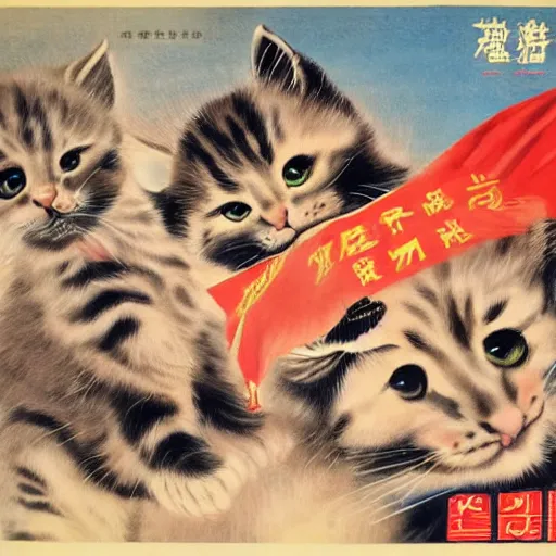 Prompt: a chinese propaganda poster cute kittens fighting in world war 3, ww 3, dystopian future, communist propaganda