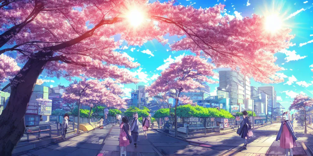 Prompt: anime style cityscape, spring season anime city, cherry blossoms in the wind, day time, sun high in the sky, sun glare, clear weather, blue sky, tokyo japan, high detail and very sharp, detailed shading, artstation, wallpaper, kyoto animation productions, a silent voice