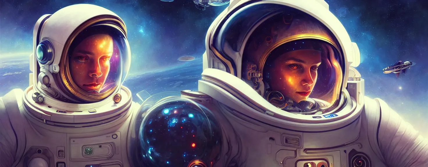 Prompt: Spaceman futuristic portrait in a hyperdetailed space capsule with high-tech controls, screens showing space images, highly detailed, digital painting, artstation, beautiful detailed intricate insanely detailed octane render, concept art, smooth, sharp focus, illustration, art by artgerm and greg rutkowski and alphonse mucha