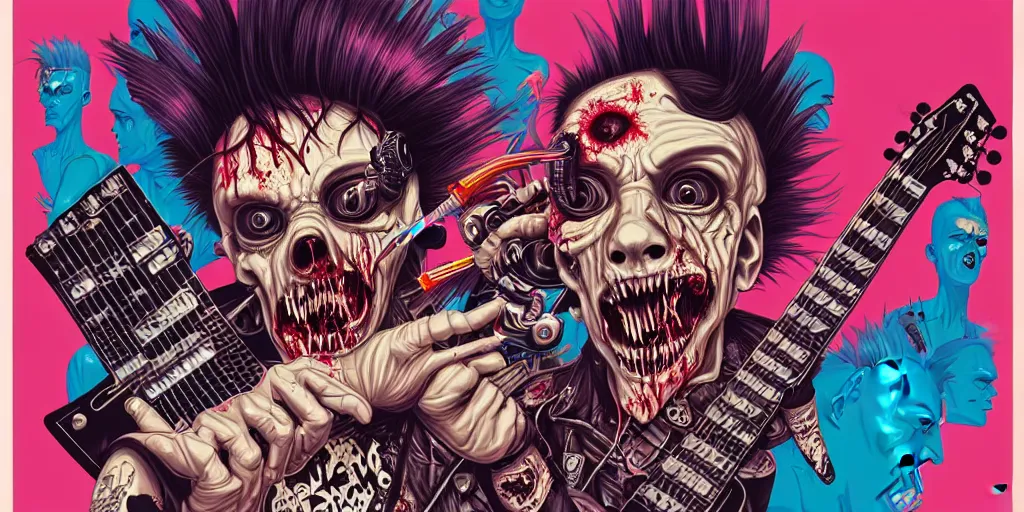 Image similar to a zombie punk rocker with a mohawk playing electric guitar, tristan eaton, victo ngai, artgerm, rhads, ross draws, cinematic by francis tneh