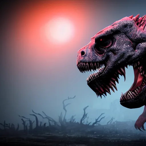 Image similar to Realistic, high quality photograph of a angry, demonic T-Rex standing close to camera in the style of devilcore, gorecore, 3D render, blender render, realistic skin, twilight, glows, detailed, studio quality, HD image,