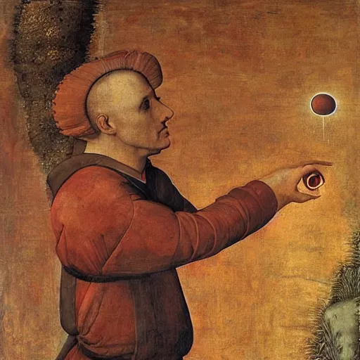 Prompt: A land art. A rip in spacetime. Did this device in his hand open a portal to another dimension or reality?! maroon by Filippino Lippi expressive