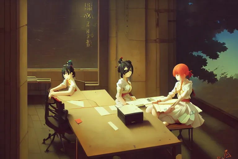 Image similar to baroque oil painting of key visual concept art of anime maids doing office work, brutalist, dark fantasy, rule of thirds golden ratio, fake detail, trending pixiv fanbox, acrylic palette knife, style of makoto shinkai studio ghibli genshin impact james gilleard greg rutkowski chiho aoshima