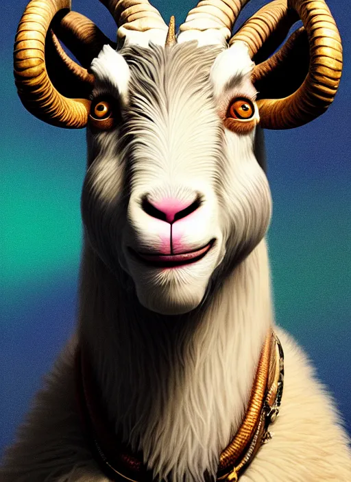 Prompt: anthropomorphic portrait of will smith as a goat, au naturel, hyper detailed, digital art, trending in artstation, cinematic lighting, studio quality, smooth render, unreal engine 5 rendered, octane rendered, art style by klimt and nixeu and ian sprigger and wlop and krenz cushart