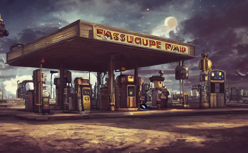 Image similar to steampunk gas station in space, 4 k, polished, photorealistic, hard edges, zoomed in, very coherent, sharp focus, rim light, exquisite lighting, hard edges, sci - fi, cinematic, game art, octane