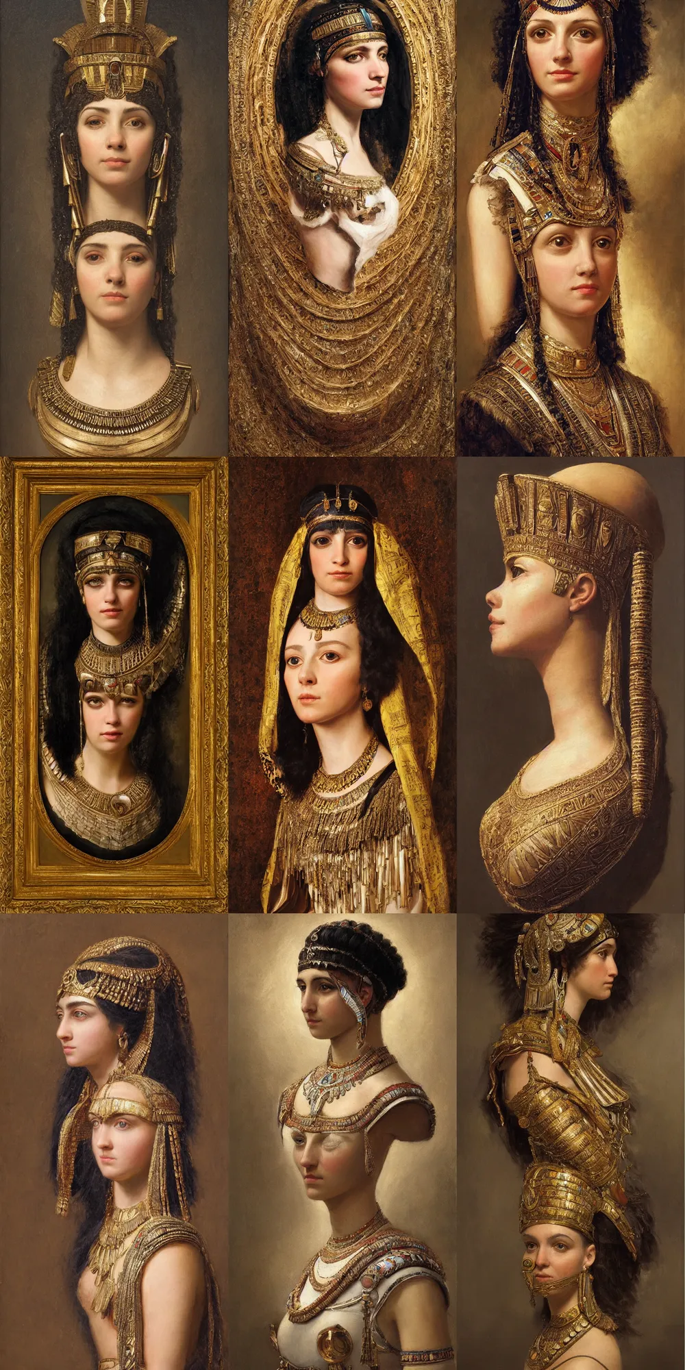 Prompt: a stunning and noble highly detailed romantic period style portrait of Cleopatra, just one head, by Josep Tapiró Baró, trending on artstation, oil painting masterpiece, symmetry, fractals, Egyptian iconography