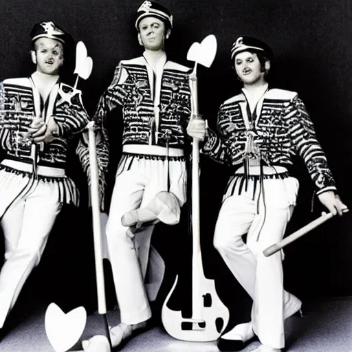 Prompt: 1 9 6 0 s photograph of a 4 piece white male psychedelic rock band in peppermint themed sailor outfits posing with instruments in a set that resembles sgt. pepper's lonely hearts club band