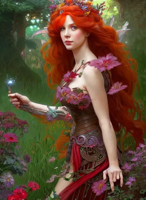 Prompt: a beautiful red haired woman as a fairy princess in a garden, deep focus, d & d, fantasy, intricate, elegant, highly detailed, digital painting, artstation, concept art, matte, sharp focus, illustration, hearthstone, art by artgerm and greg rutkowski and alphonse mucha