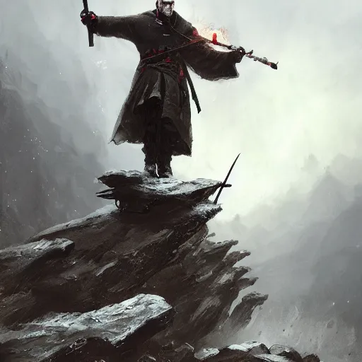 Prompt: stannis baratheon with a flaming sword in his hand standing on the edge of a cliff, artstation, jakub rozalski, mysterious, high detail