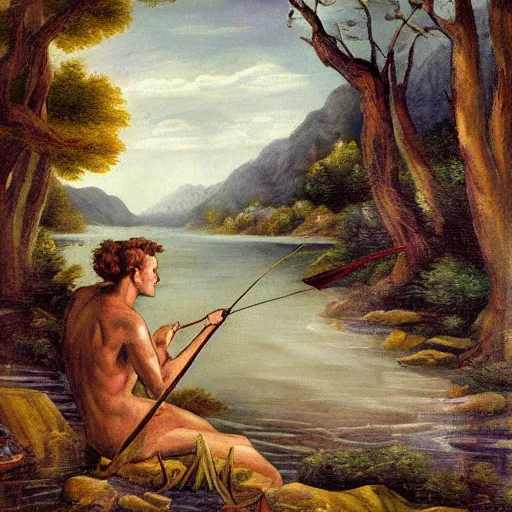 Prompt: painting fantasy nymph overlooking river as man fishes out giant chest full of gold