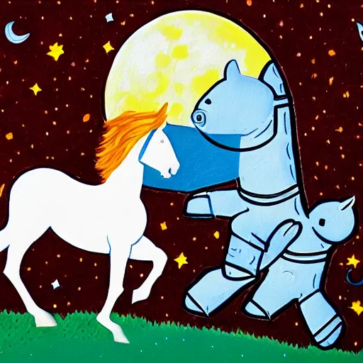 Prompt: the moon riding an astronaut on a horse