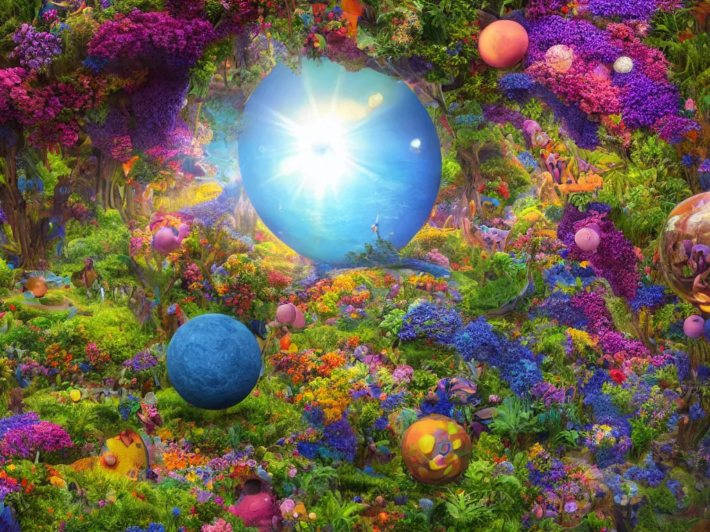 Image similar to 3 d render, the universe is a spheroid region 7 0 5 meters in diameter, sunlight study, art nouveau, by rachel ruysch and sanford robinson gifford and ( ( ( ( ( lisa frank ) ) ) ) ), kauai springtime, 8 k, extreme detail, sharp focus, octane render