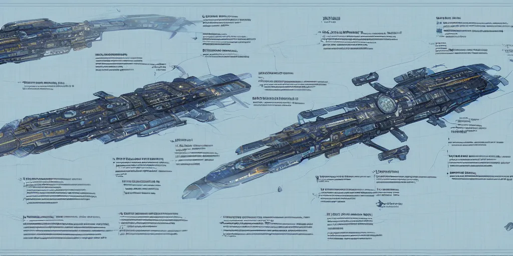 Image similar to detailed infographic blueprint of one messenger spaceship in the style of eve online by john howe