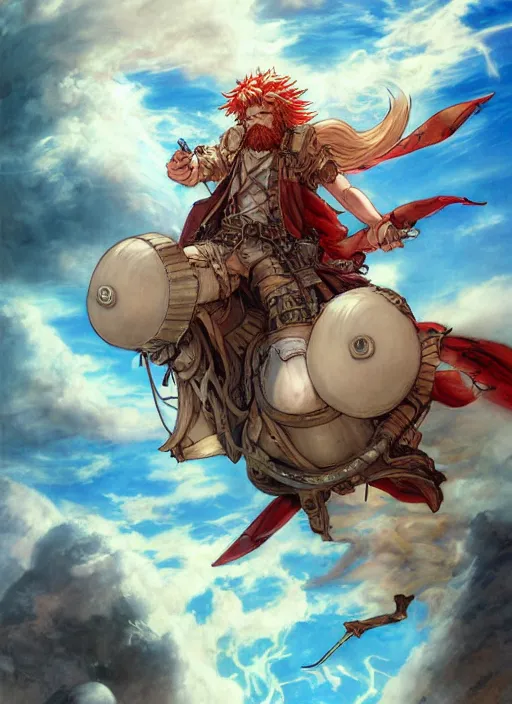 Image similar to prompt : ragnarok online portrait soft light painted by james jean and katsuhiro otomo and erik jones, inspired by akira anime, epic fantasy, a long red haired, red bearded male sky - pirate in front of an airship, intricate oil painting, high detail illustration, sharp high detail, manga and anime 1 9 9 9
