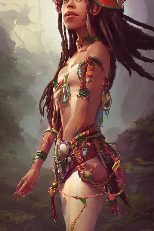 Image similar to A stunningly beautiful Rastafarian Elf woman by WLOP, greg rutkowski and ross tran