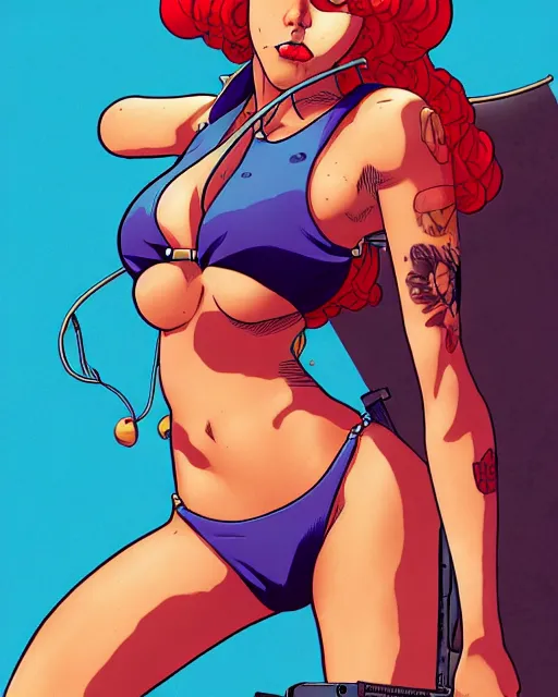 Prompt: comic cover art of a bikini - clad guerilla, inspired by gunsmith cats and tank girl, illustration by jenny frison and sana takeda, intricate details, stunning inking lines, stunning gradient colors, 4 k, hd, artstation