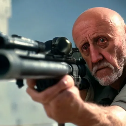 Image similar to A film still of Mike Ehrmantraut aiming a !!!sniper rifle!!!, 4k, !!highly detailed!!