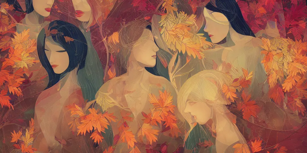 Image similar to breathtaking detailed concept art painting kaleidoscope art deco pattern of blonde faces goddesses amalgamation autumn leaves, by hsiao - ron cheng, bizarre compositions, exquisite detail, extremely moody lighting, 8 k