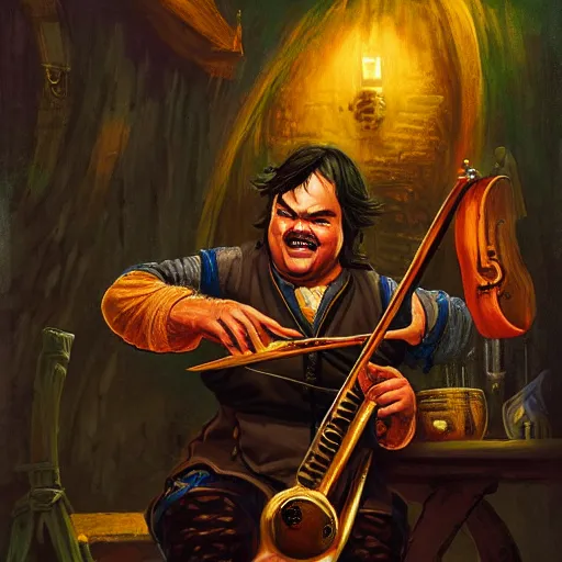 D&D character portrait jack black as bard in a tavern | Stable Diffusion