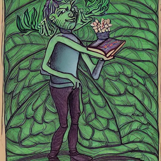 Prompt: a green magician that summons roots and flowers from the ground to get to a book in a bookshelf, low energy, cozy drawing