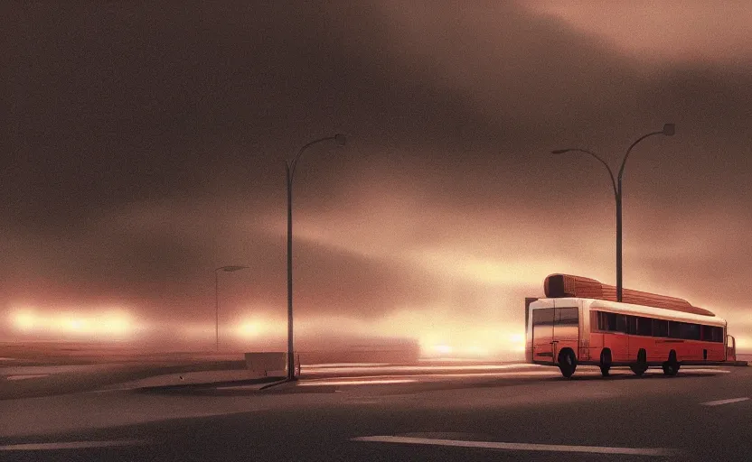 Image similar to exterior traveling greyhound bus circa 2 0 1 5, directed by charlie kaufman ( 2 0 0 1 ) anamorphic lenses, foggy volumetric light morning, cinematic trending on artstation in the style of greg rutkowski