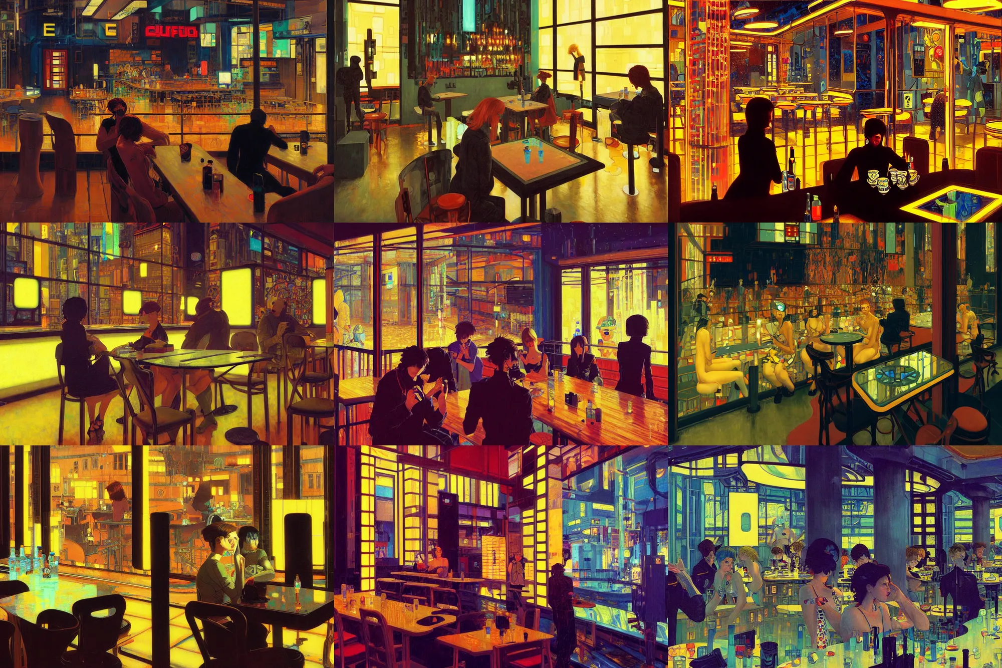 Image similar to A cyberpunk cafe painted by Ilya Kuvshinov and Gustav Klimt and Edward Hopper