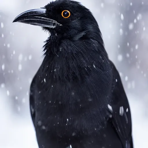 Prompt: a crow in the snow. close - up photo. professional wildlife photography. 8 k. sharp focus.