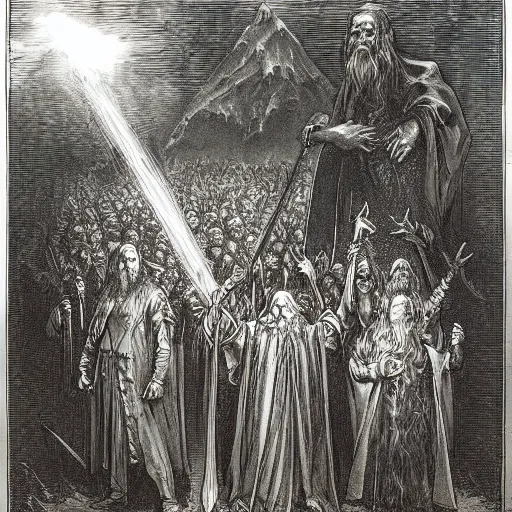 Image similar to lord of the rings, by gustave dore and albrecht durer
