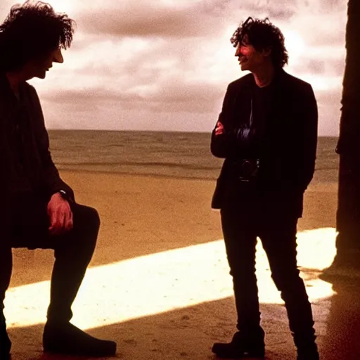 Image similar to a dramatic photograph of neil gaiman having a conversation with dream from the sandman in a fantasy world, dramatic lighting, filmic, cinematographic, sci - fi