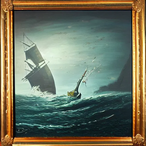 Image similar to sea monster, pulling a galleon into the depths of a dark ocean, oil painting, from far away