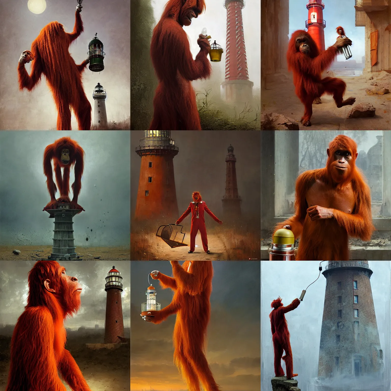 Prompt: portrait of a red orangutan as doctor who shaking big lighthouse toy as cocktail's shaker, photo realistic, highly detailed, perfect face, fine details, by carl spitzweg, ismail inceoglu, vdragan bibin, hans thoma, greg rutkowski, alexandros pyromallis