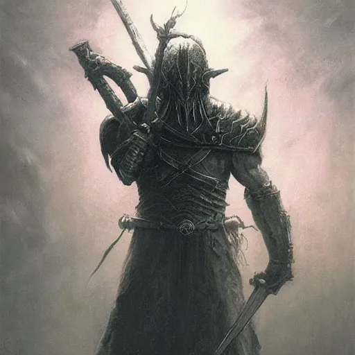 Image similar to warrior concept, beksinski, age of sigma art, ruan jia, dark soul armor concept, trending on artstation, wayne barlowe, adrian smith fantasy art, elden ring art, the hobbit art, lord of the ring art, infinity blade armor