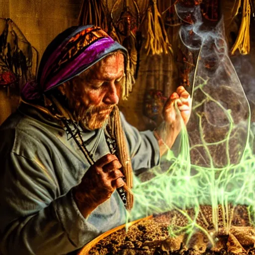 Image similar to a shaman preparing a magic decoction in a dreamy atmosphere, 4 k, 3 d, photo