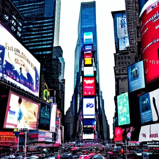 Image similar to alien spacecraft in times square, highly detailed, realistic photo