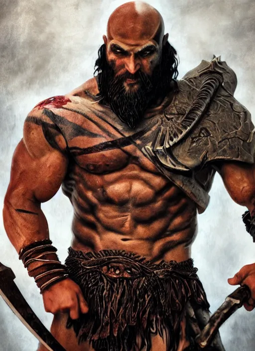 Image similar to a highly detailed beautiful 3 5 mm closeup photo of jason momoa kratos hybrid god of war holding a sword and fighting zombies on a pile of human skulls, spartan warrior, olympian god, muscular!, frank frazetta, boris vallejo, action pose, ambient lighting, volumetric lighting, octane, fantasy