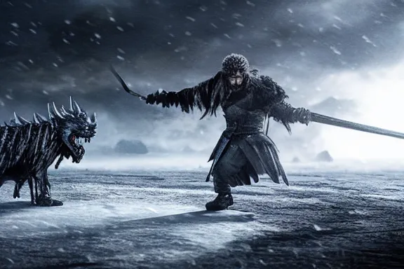 Image similar to very very intricate photorealistic photo of jon snow fighting the night king, photo is in focus with detailed atmospheric lighting, award - winning details