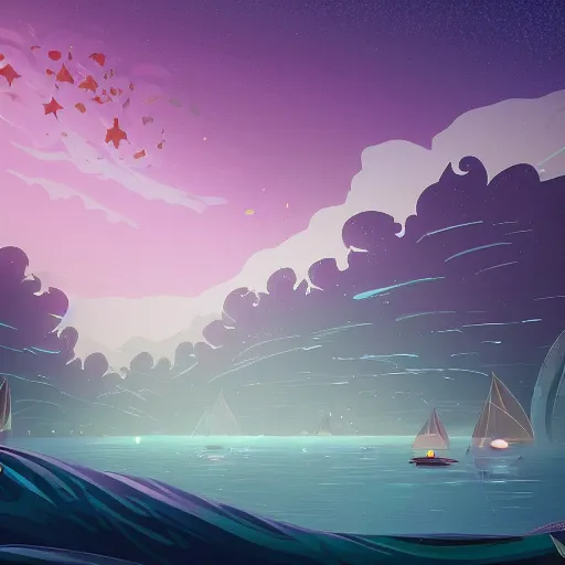 Image similar to sea under starry sky with reefs, light purple tones, animated film, stylised, illustration,, fantasy art, 2 d game art, by eyvind earle, scott wills, genndy tartakovski, roman shipunov, etienne hebinger, atey ghailan, cgsociety, cynical realism