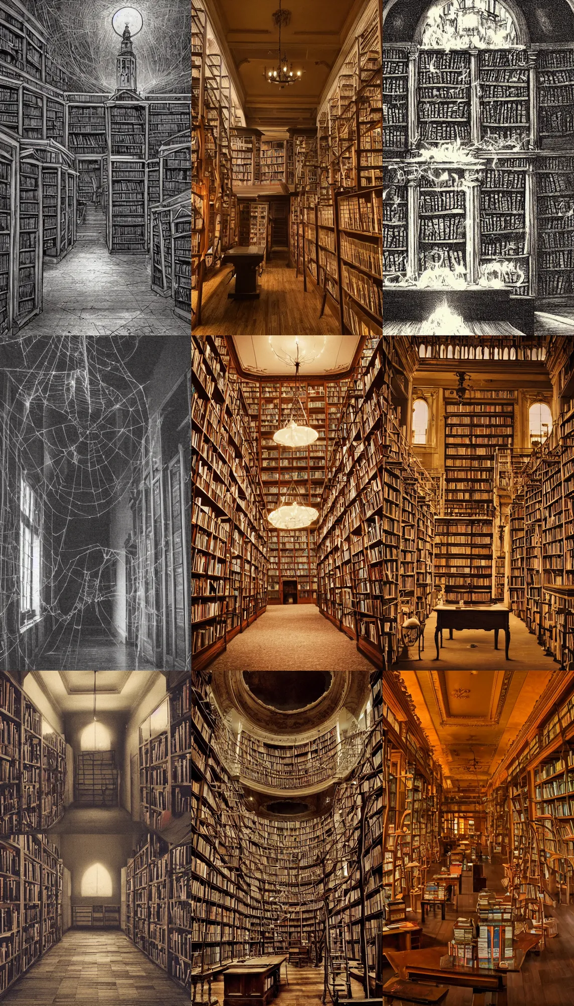 Prompt: An mystic empty library with burning candles and cobwebs