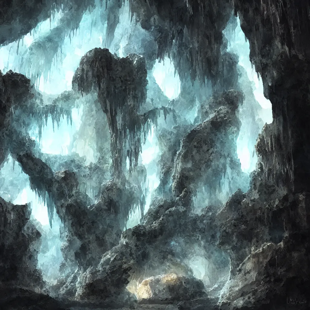 Prompt: stalactite almost touching a stalagmite in a large circular underground cavern, cinematic light, concept art, illustration, wayne reynolds