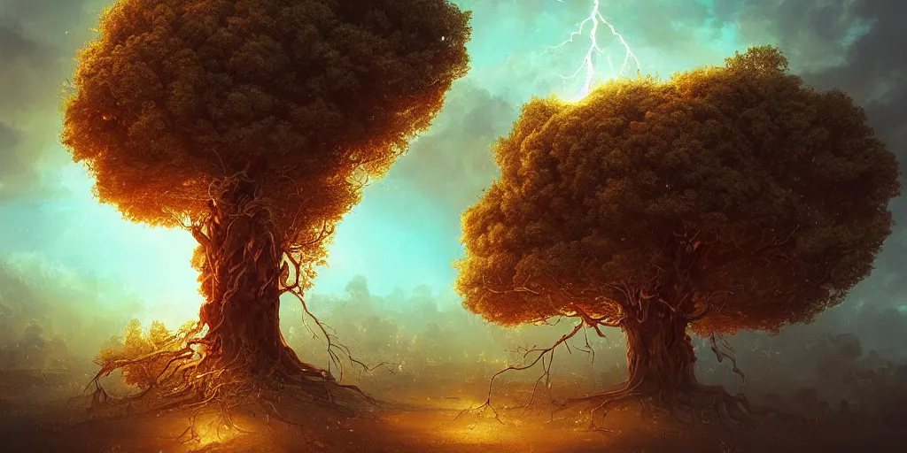 Prompt: tree struck by lightning by tom bagshaw, rococo, 8 k illustration, golden hour intricate, richly detailed, photorealistic imagery, artstation render inspired by alena aenami