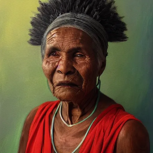 Image similar to a painting of a lantina elder woman by Lynette Yiadom-Boakye . details, smooth, sharp focus, illustration, realistic, cinematic, artstation, award winning, rgb , unreal engine, octane render, cinematic light, macro, depth of field, blur, red light and clouds from the back, highly detailed epic cinematic concept art CG render made in Maya, Blender and Photoshop, octane render, excellent composition, dynamic dramatic cinematic lighting, aesthetic, very inspirational, arthouse.