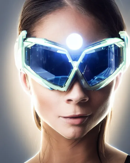 Prompt: centered portrait of soulful young brooke burke as a solarpunk mecha humanoid robotic parts wearing crystal goggles with bright led lights, real human face, pudica gesture bouguereau style, in white room, ultra - realistic and intricate, soft portrait shot 8 k