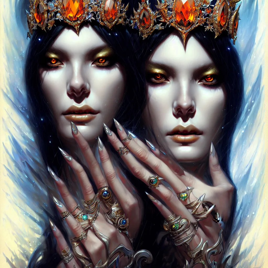 Image similar to A portrait of a jewels-crowned sorceress with vertically slit cornea eyes, by Karol Bak and Jia Ruan, artstation, very detailed, fantasy art, rpg