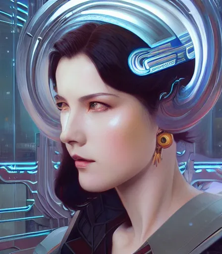 Image similar to portrait of a cyberpunk art deco woman who looks like Akeno Himejima sci-fi, fantasy, intricate, elegant, highly detailed, digital painting, artstation, smooth, sharp focus, illustration, art by artgerm and greg rutkowski and alphonse mucha