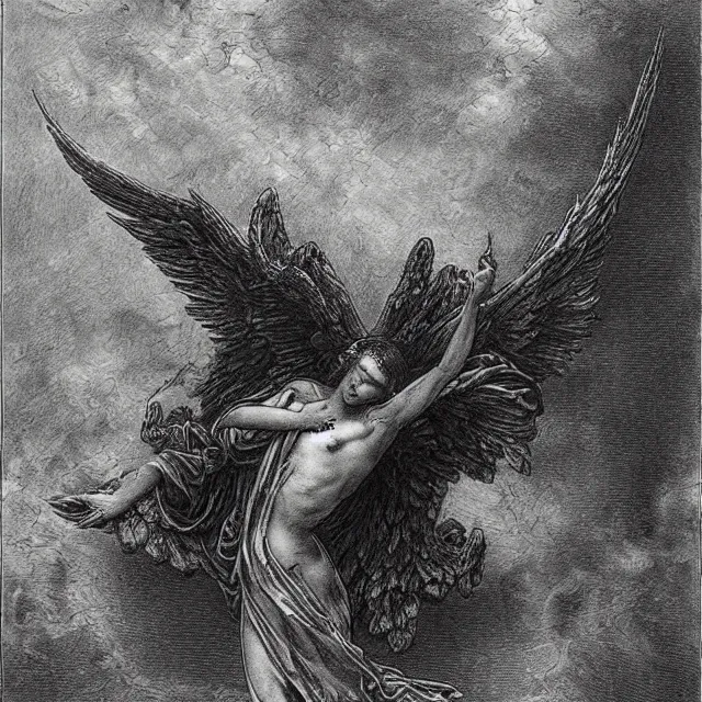 Image similar to fallen angel, gustave dore, tattoo