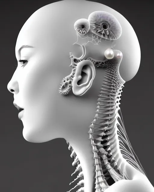 Image similar to dreamy foggy elegant soft luminous bw profile face portrait 3 d render, beautiful young biomechanical - porcelain - female - cyborg with a delicate detailed mandelbrot fractal texture skin and a very long neck with gothic pearl embroidered collar, halo, white smoke atmosphere, rim light, hg giger, 8 k