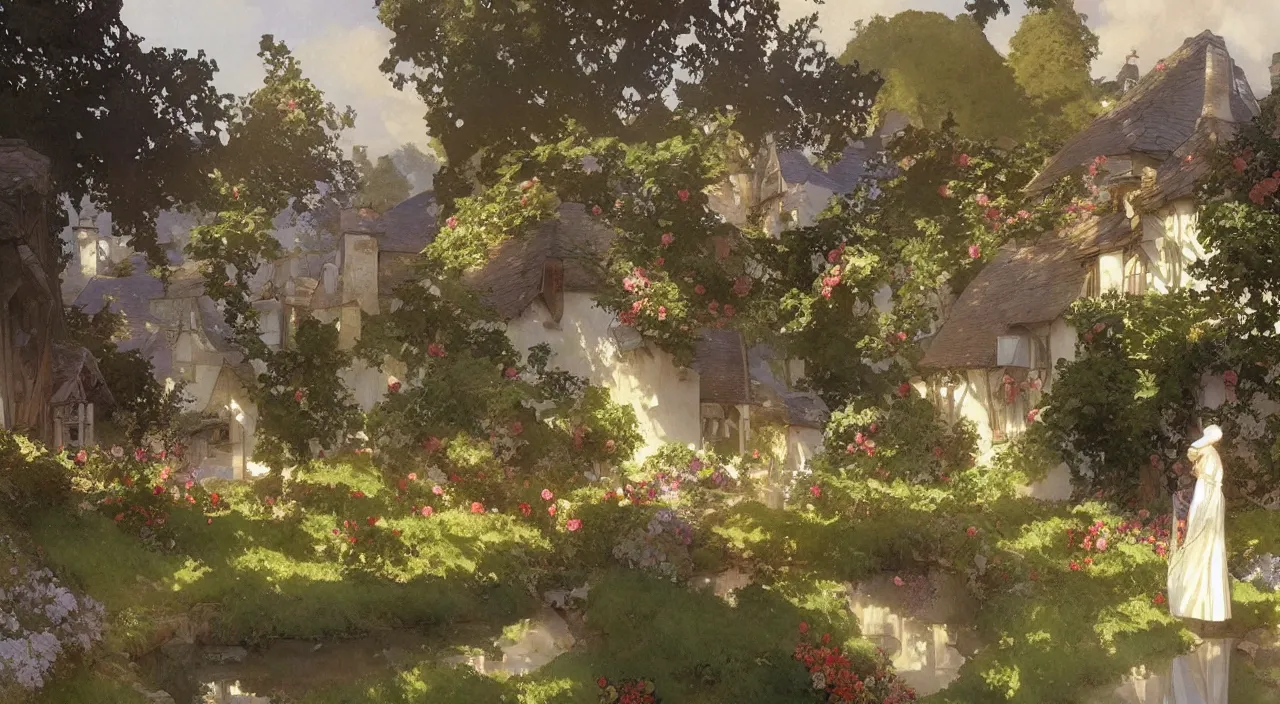 Prompt: A beautiful landscape painting of a small English village by Alfons Maria Mucha and Julie Dillon and Makoto Shinkai