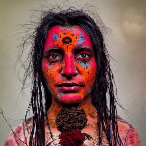 Image similar to 3 5 mm coloured film portrait of strange female aghori sadhu covered in ash creature, hyperrealism, celestial marigold red flowers vibe, photorealistic, detailed, atmospheric, 8 k, award winning photography, cinematic