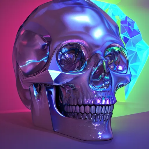 Prompt: refractive crystal skull full of luminescent liquids, by charlie bowater, isometric, chroma colors, halfrear lighting, 8 k, polygon, polygonal, three - quarter view, paradox, screen space global illumination, volumetric light, transparent, liquid crystal, ray tracing reflections